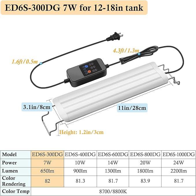 HITOP 12-18in Full Spectrum LED Aquarium Light with Timer, Auto 24/7 Lighting Cycle& 10-Level Brightness Adjustment, Fish Tank Light for Plant Growth, with Extendable Brackets