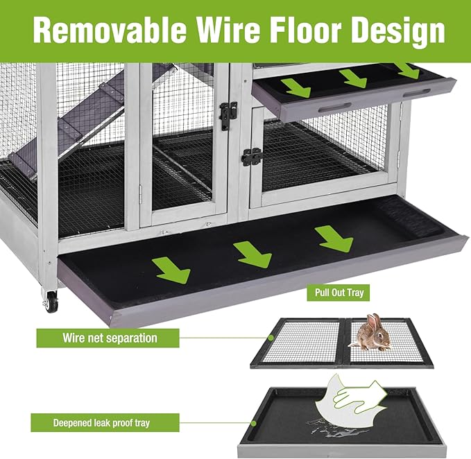 GUTINNEEN 2-Story Rabbit Hutch Indoor with Chew-Proof Ramp & Slide-Out Plastic Trays - Wooden Small Animal Cage Guinea Pig Cages with Wheels for 2-4 Rabbits, Bunnies, and Guinea Pigs (Grey)