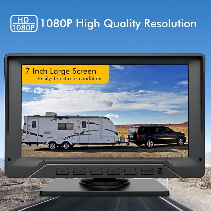 Dual RV Backup Camera Plug and Play, 7'' Backup Camera for Truck Trailer, No Delay, 1080P HD, 2 Channels, 150° Wide Angle, DIY Guide Lines, Night Vision, IP69 Rear View Camera