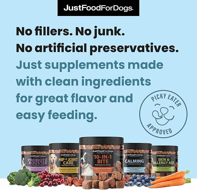 JustFoodForDogs Calming Supplement for Dogs Soft Chew to Support Stress and Anxiety, Melatonin, Relaxation Aid, Human-Grade Ingredients - 45 Count