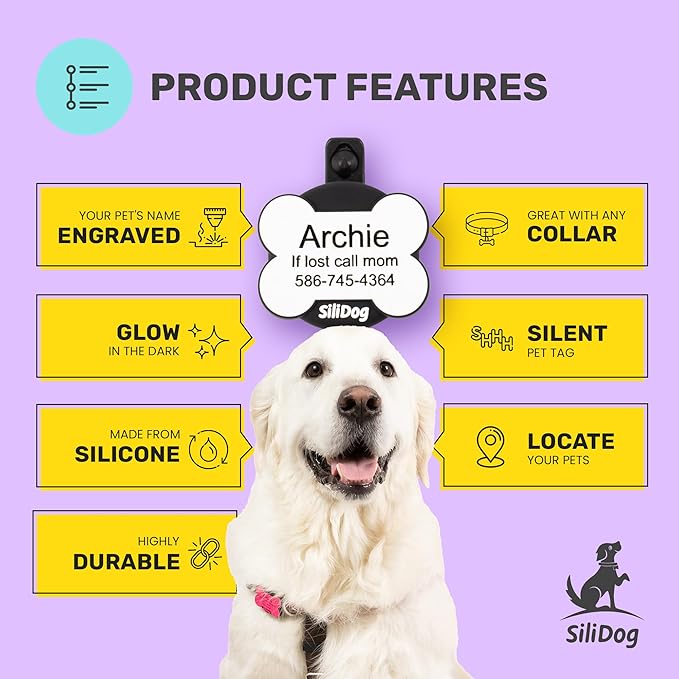 SiliDog AirTag Holder Silent Dog ID Tag – Personalized Engraved Silicone Pet Tag – Durable, Glow-in-The-Dark – Blue Bone