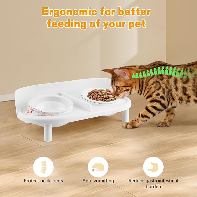 Elevated Cat Bowls, Tilted Rised Cat Food and Water Bowl with 2 Pcs Ceramic Pet Bowls, Rised Stand, Pet Dish Anti Vomiting Feeding Station for All Sized Cats & Small Dogs (White)