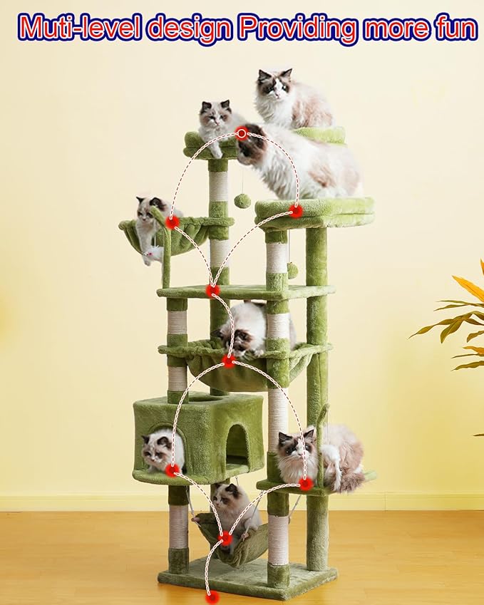 Cat Tree, Cat Tower for Large Cats with 2 Big Platforms, 2 Baskets, condo and Toys, 63" Cat Scratching Posts for Indoor Cats, Green GCT020GR