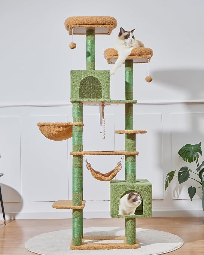 Taoqimiao Cat Tree, 71-Inch Cat Tree Cat Tower for Indoor Cats, Plush Multi-Level Cat Condo with 10 Scratching Posts, 2 Perches,Basket, 2 Caves,Hammock, 2 Pompoms,MS020T Cactus