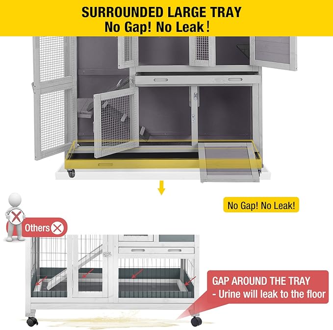 Aivituvin 47" Two Story Rabbit Hutch Bunny Cage with Wheels, Indoor Outdoor Guinea Pig Cage with 2 Deep No Leak Tray