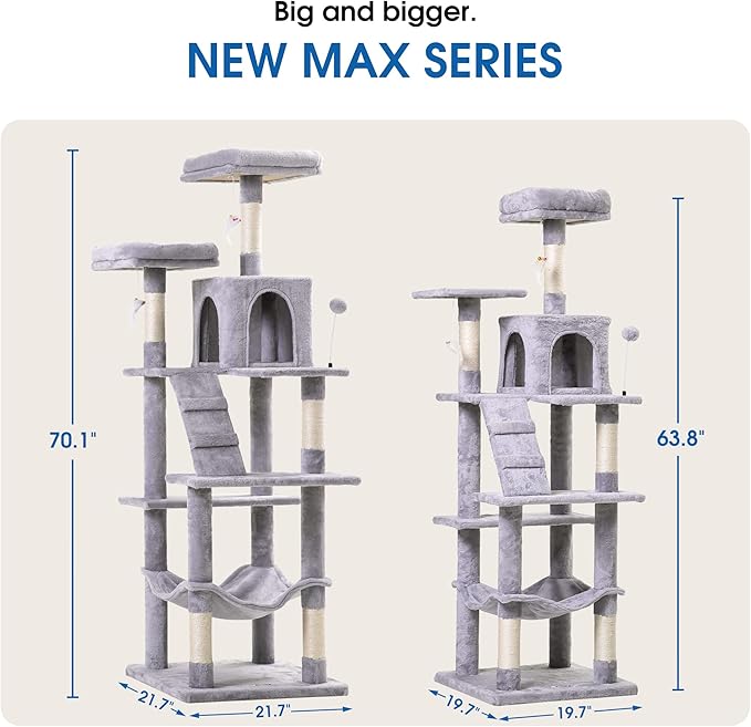 MWPO 70.1-Inch Large Cat Tree, Multi-Level Tall Cat Tower for Indoor Cats, Plush Cat Condo with Big Padded Perches, Sisal-Covered Scratching Posts, Hammock, Toys for Kittens & Cats - Light Grey