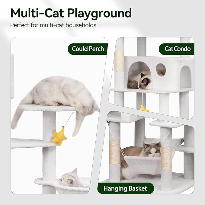 85in Tall Cat Tower for Heavy Duty Big Cats, Large Cat Tree with Scratching Post, Plush Perches, Cozy Cat Condos & Hanging Hammocks for Maine Coon, White