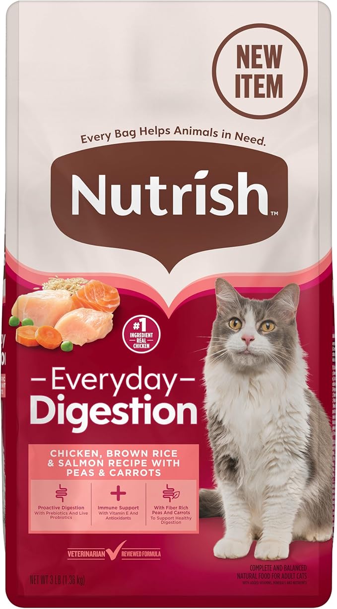 Nutrish Everyday Digestion Dry Cat Food, Chicken Brown Rice and Salmon Recipe with Peas and Carrots, 3 lb. Bag, 4 Count, (Rachael Ray)