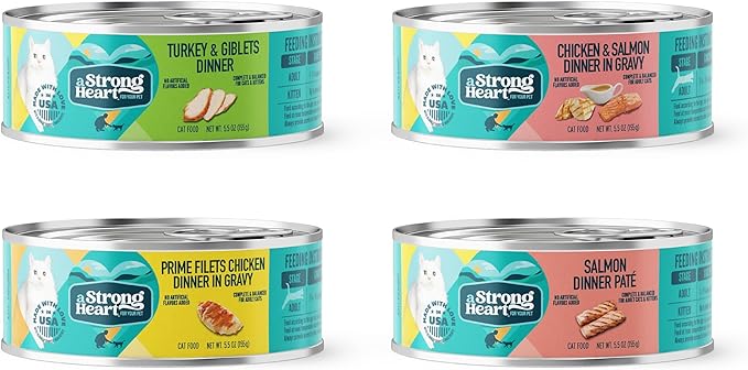 A Strong Heart Canned Wet Cat Food, Dinner Variety Pack - 5.5 oz Cans (Pack of 32), Made in The USA with Real Chicken, Turkey & Salmon