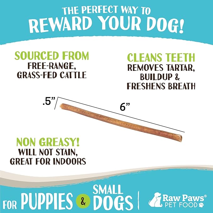 Raw Paws Standard Bully Sticks for Small Dogs, 6-Inch (10 Count) - Low Odor Junior Bully Chews - Free-Range Pizzle Sticks for Dogs - Single Ingredient Dog Chews - Rawhide Alternative - Long Lasting