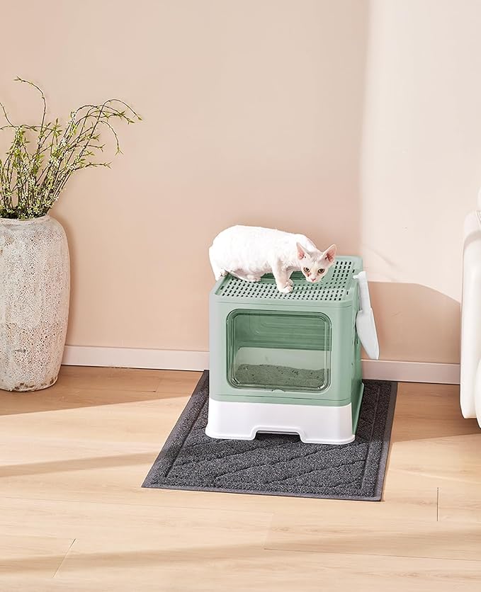 Cat Litter Box with X-Large Litter Mat and Scoop, Large Foldable Litter Box with Lid, Enclosed Kitty Box,Front Top Entry Exit, Odor Control Easy to Clean (Upgrade Green)