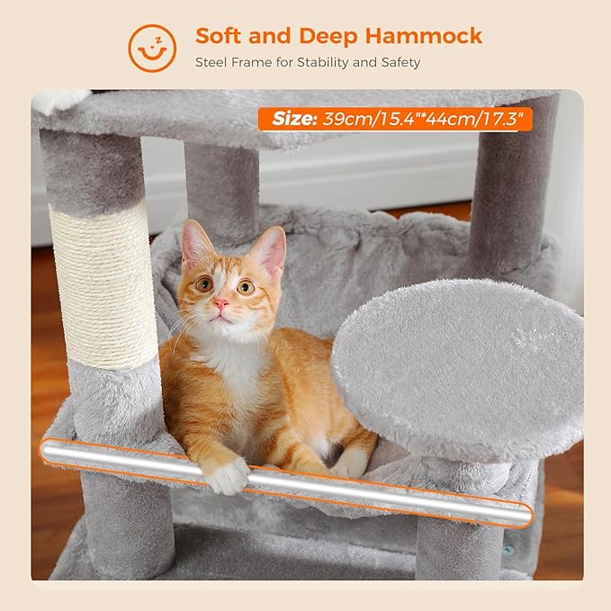 PAWZ Road Cat Tree, 53.5 Inches Tall Cat Tower with Spacious Hammocks, Condos and Scratching Posts, Cat House with Dual Padded Perches for Indoor Large Cats-Gray