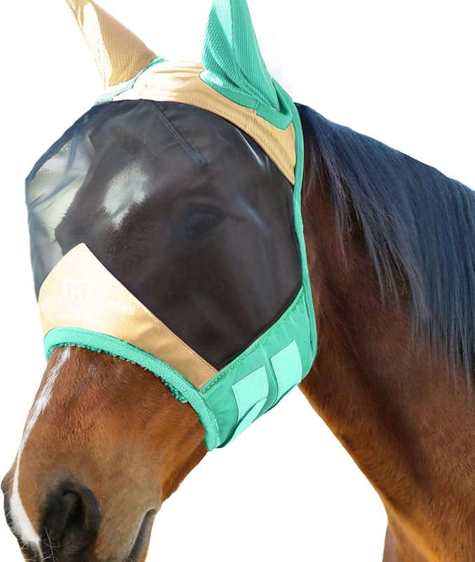Harrison Howard Pro Luminous Horse Fly Mask Standard with Ears UV Protection for Horse Champagne Gold/Mint Medium Cob