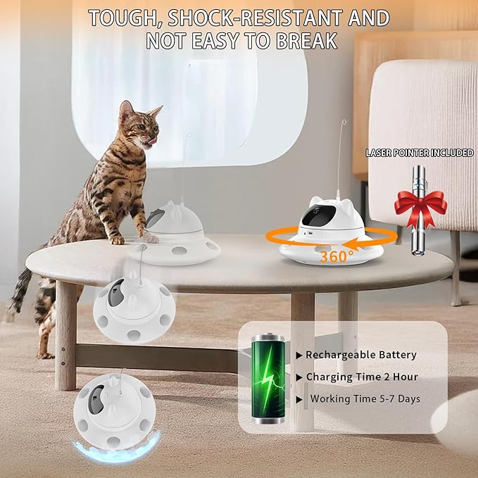 Cat Laser Toy,Automatic Laser cat Toy 3-in-1 Interactive Automatic Motion Activated Moving 6 Holes Whack A Mole Feather, USB Rechargeable Electronic Smart Sensor Kitten Toys for Indoor Exercise