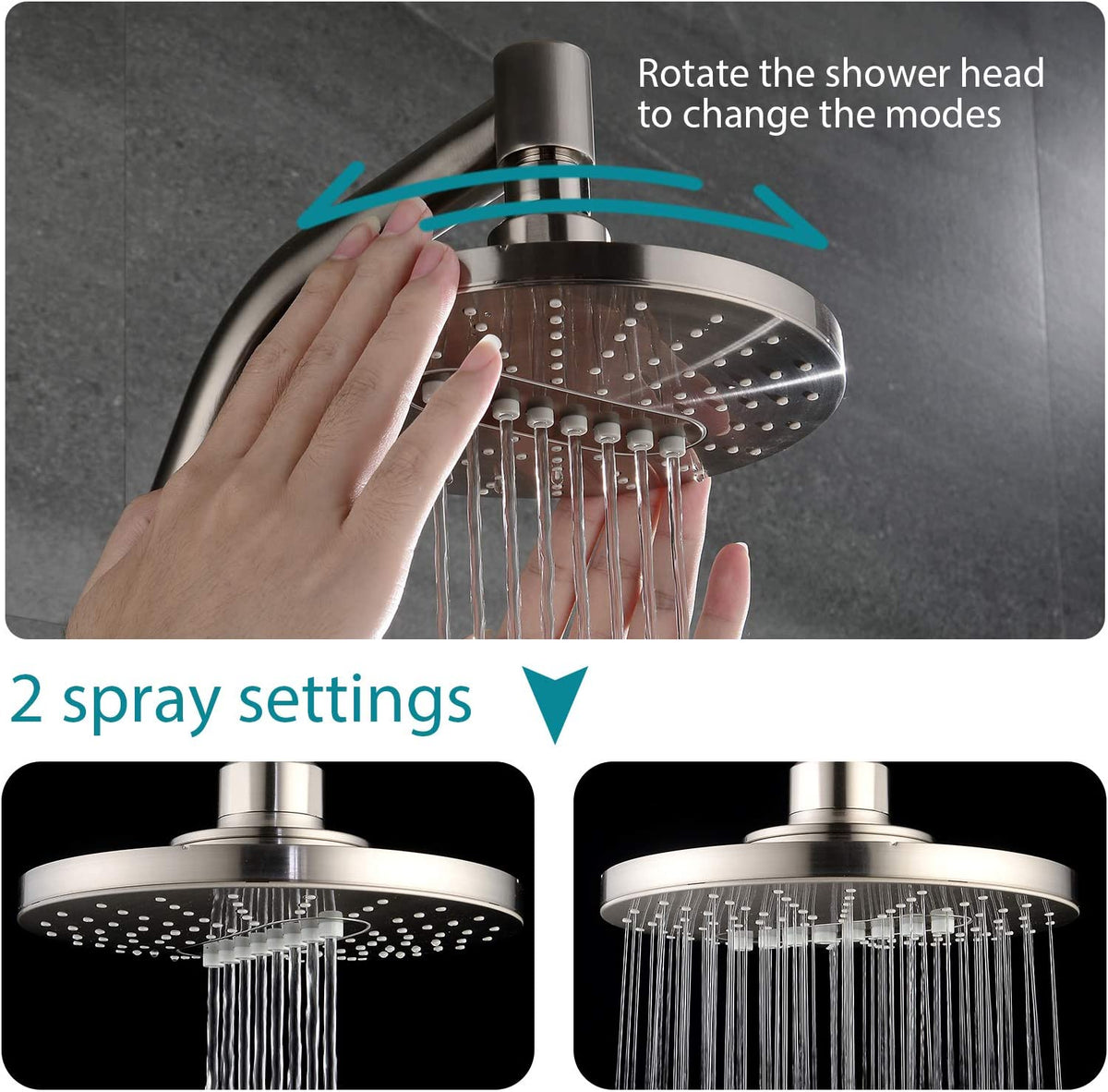 6.3" 2-Spray Rainfall Shower Head with Adjustable Angles