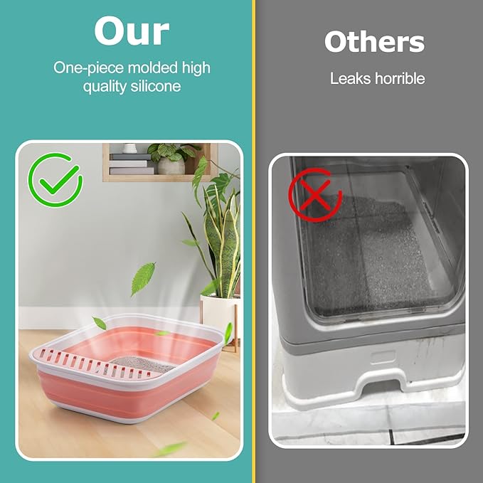 Open Top Cat Litter Box, Large Foldable Cat Potty Height-Adjustable Sides Anti-Splash, Open Air Kitty Litter Pan No Smell, Cat Toilet Easy Clean with Cat Litter Scoop (Pink)