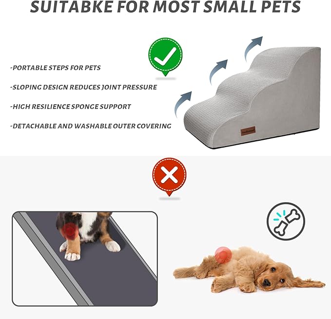 3-Step Dog Ramp and Stairs for Sofa and Chair - Non-Slip Sturdy Pet Steps for Small Dogs and Cats,15.7" H,Light Grey