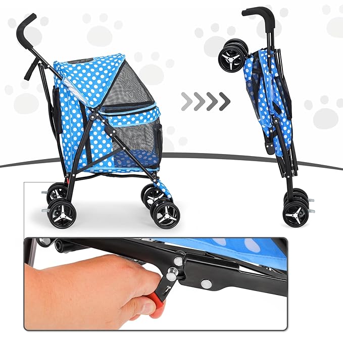 MoNiBloom 4 Wheels Pet Stroller, Easy-Fold Umbrella Shaped Dog Cat Jogger Stroller w/Storage Bag & Visible Mesh for Small/Medium Dogs Cats Sky Blue Polka Dots