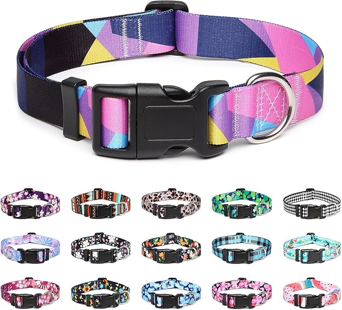 Mercano Adjustable Dog Collar - Special Design Patterns, Soft Nylon Comfortable Sturdy Pet Collar for Small Medium Large Dogs (M, Geometry Purple)