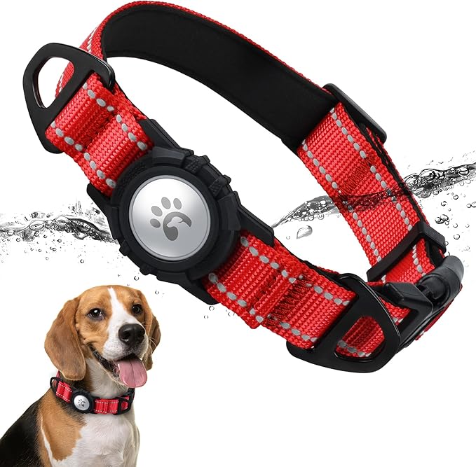 TagME Airtag Dog Collar,Waterproof Reflective Pet Collar with Airtag Holder,Soft Padded and Double D-Rings for Medium Dogs,Red