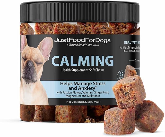 JustFoodForDogs Calming Supplement for Dogs Soft Chew to Support Stress and Anxiety, Melatonin, Relaxation Aid, Human-Grade Ingredients - 45 Count