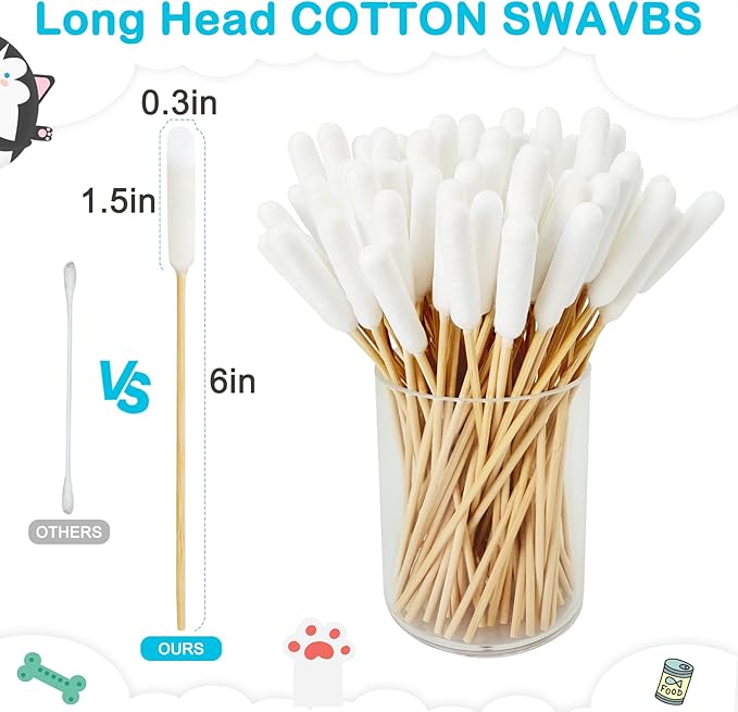 100 PCS Professional Dog Ear Cleaning Swabs - 6-inch Large Cotton Swabs, Gentle and Comfortable Bamboo Cotton Buds, Prevent Infections, Ideal Solution for Pet Ear Care (Long Tips)