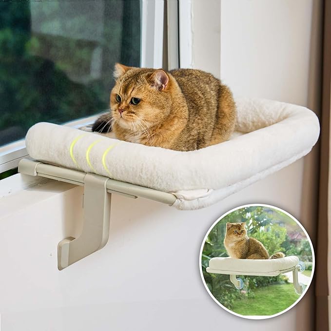 Cat Window Perch, Adjustable Cat Hammock for Large Cats, Mounts on Window Sills, Bedside, or Glass, Easy Installation and Removal, Washable Cushion Cover (20.5" W×15.7" L)