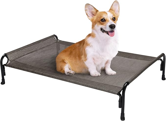 Veehoo Outdoor Elevated Dog Bed, Raised Dog Cot for Small Medium Dogs, Cooling Washable Waterproof Pet Hammock Beds with Slope Headrest, Breathable Mesh and Sturdy Frame, M, Brown, CWC2204