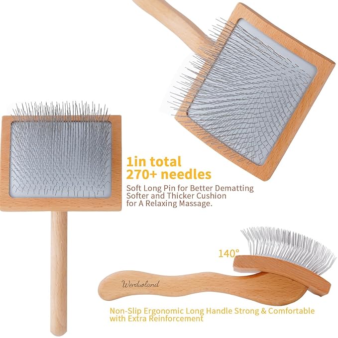 Ergonomic Slicker Brush for Long-Haired Dogs - Wooden Handle, Long Pins for Grooming Goldendoodles