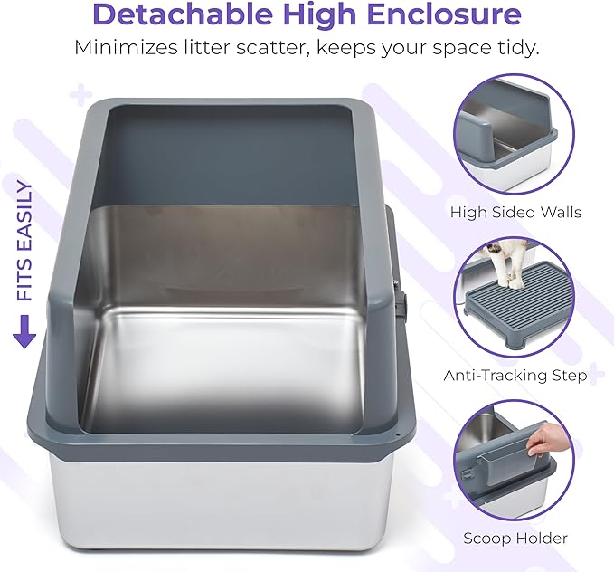 iPrimio Premium Stainless Cat Litter Box for Easy Cleanup - Durable and High Sides Stainless Steel Litter Box with Step Scoop - Mat Elevated for Cats - Scratch and Bite Proof - Dark Grey