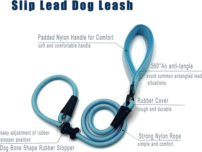 Slip Lead Dog Leash，Strong Nylon Rope Leash and Padded Handle,No Pull Outdoor Walking Training Lead for Small Medium Large Dogs (Light Bule,1/2"×4ft)