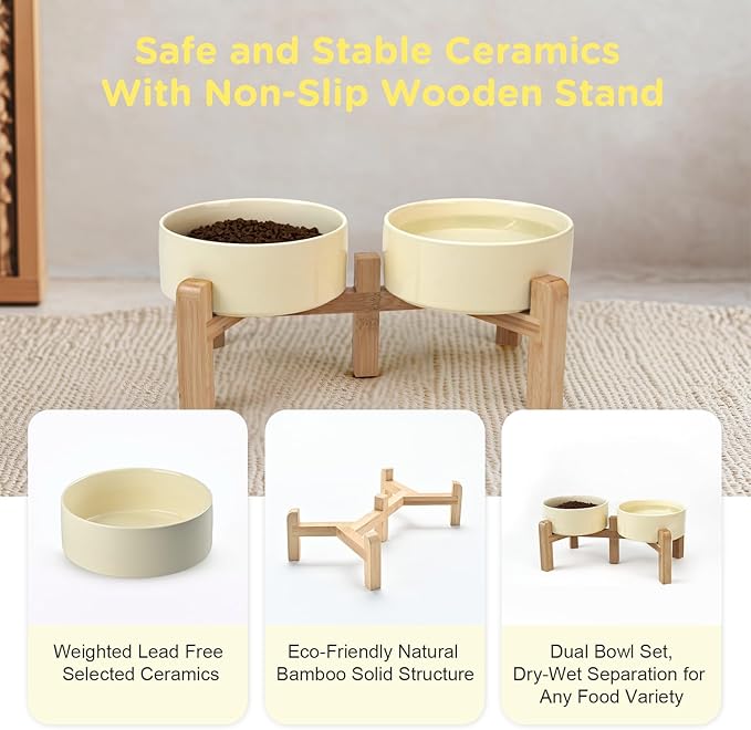 SPUNKYJUNKY Elevated Dog Bowls Ceramic, 5.1'' Dogs and Cat Food Water Bowls Raised with Non-Slip Bamboo Stand for Puppy Small Sized Breed Microwave Dishwasher Safe - 13.5 OZ,Beige