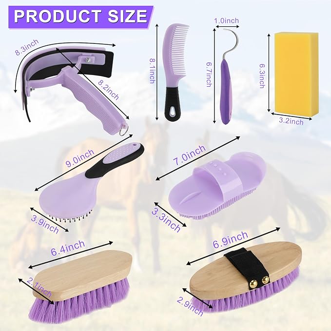 9 Pieces Grooming Kit with Tote Bag, Sweat Scraper, Sponge, Hoof Pick, Curry Comb for Horse Riders Beginners (Purple)
