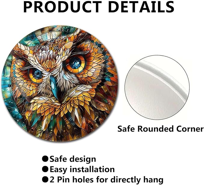 Lygond Metal Sign Tin Sign Circular Stained Glass Owl Bathroom Signs Decor For Home Decor 8×8 Inches