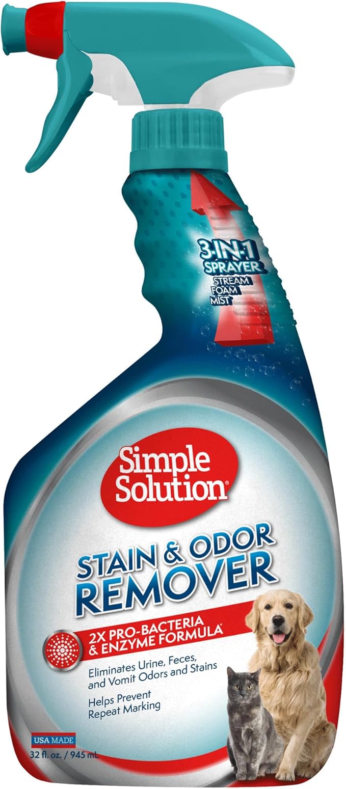 Simple Solution Stain & Odor Eliminator for Pets, Carpet Deodorizer, Enzyme Pet Odor Eliminator for Home, Stain Remover for Cat & Dog Pee, Urine Destroyer, Carpet Cleaner Spray, 32 oz