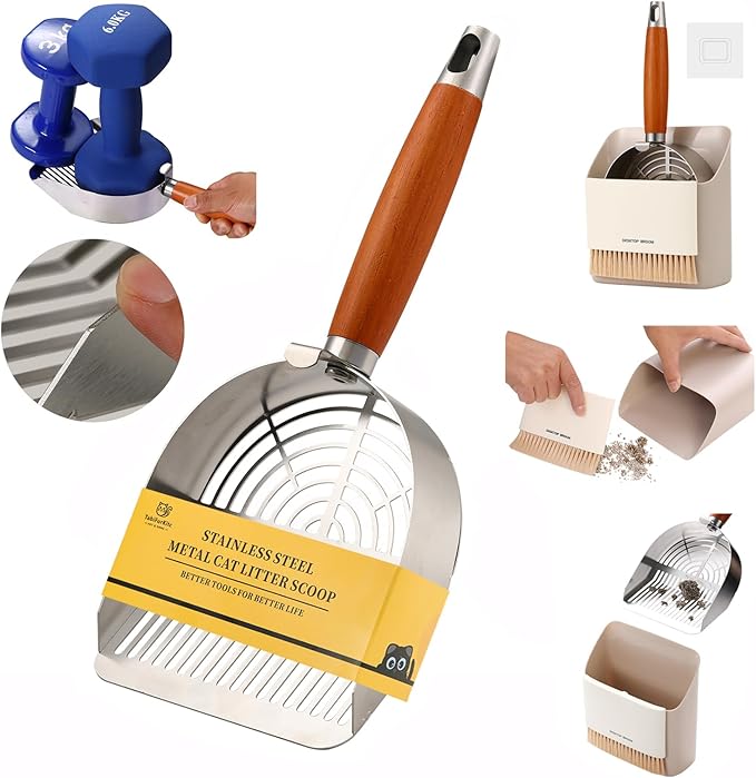 Extra-Thick Stainless Steel Cat Litter Scoop Heavy Duty Metal Litter Scooper with Holder Easy Remove Stuck Litter