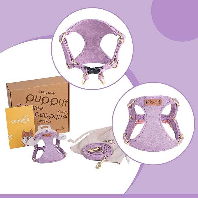 Puppytie No Pull XXS Puppy Harness with Multifunction Dog Leash,Soft Adjustable No Choke Escape Proof Pet Harness Vest,Light Purple,XXS