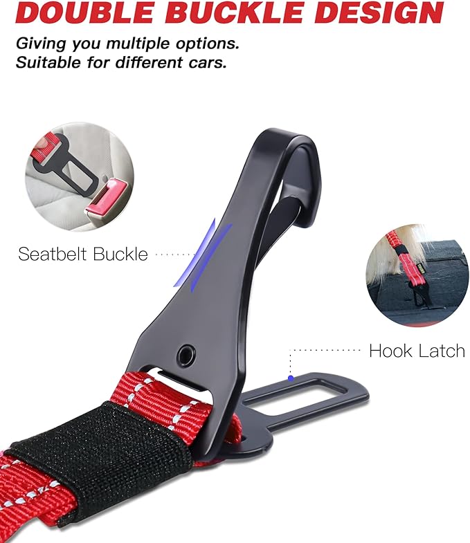 AUBELL Dog Seat Belt for Car,2 Pack Set 3-in-1 Adjustable Reflective Bungee Heavy Duty Dog Car Harness Tether with Clip Hook Latch & Buckle,Swivel Zinc Alloy Carabiner,Black+Red