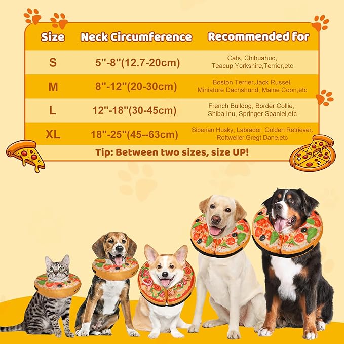 Grand Line Pizza Inflatable Collar for Dog and Cat, Soft Protective Recovery Cone After Surgery, Blow up Pet Donut Collar Cone, E-Collar Alternative Does not Block Vision (Cartoon, Medium)