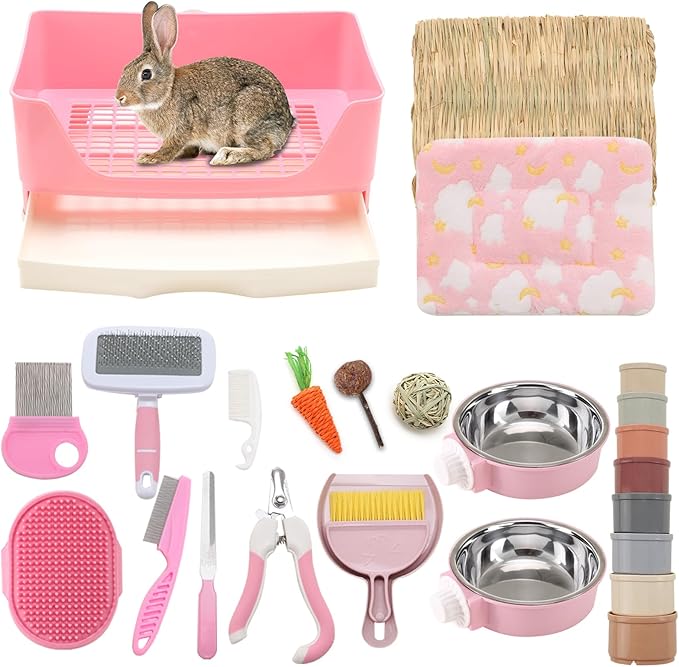 25 Pcs Large Rabbit Starter Kit, Bunny Litter Box with Drawer Animal Grooming Kit Stacking Cups Bowl Blankets Mat with Cleaning Set for Adult Guinea Pig, Ferret, Hamster, Bunnies Accessories (Pink)