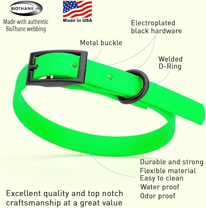 Dogline Biothane Waterproof Dog Collar Strong Coated Nylon Webbing with Black Hardware Odor- Proof for Easy Care Easy to Clean High Performance Fits Small Medium or Large Dogs, Tropical Green