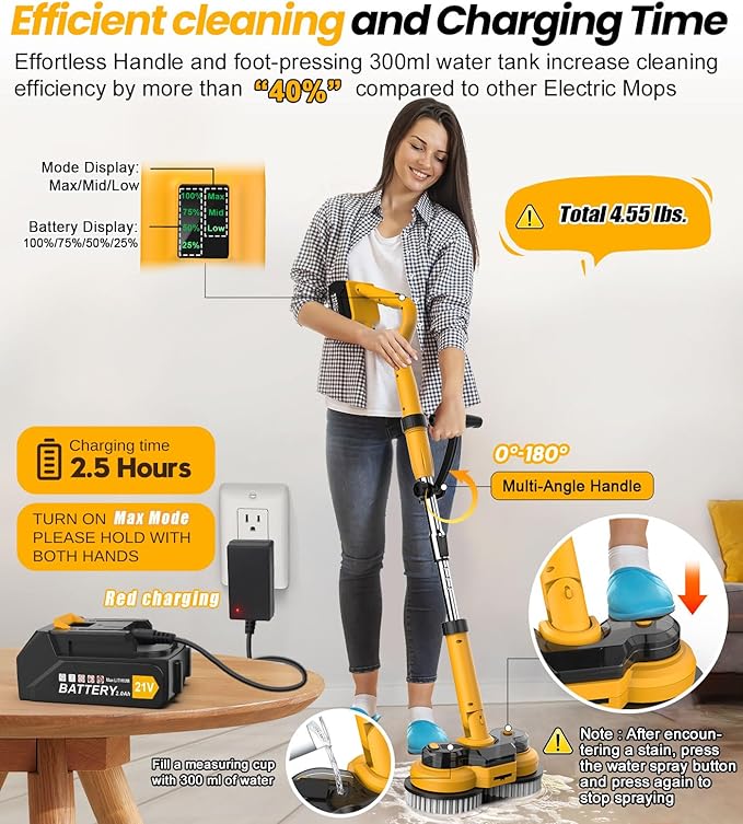 qimedo 6000mAh Battery Electric Mop M1, 800RPM Cordless Electric Power Scrubber & Mops for Floor Cleaning, Best Automatic Spin Mops with Smart Display,Rotating Mop with LED Light & Water Spray