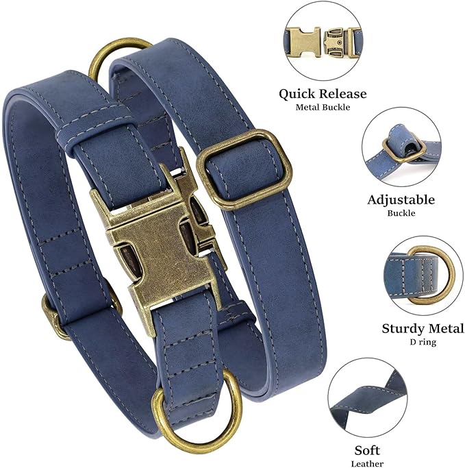 Didog Soft PU Leather Dog Collar, Stylish Quick Released Dog Collars for Large Dogs, Easy Clean Adjustable Pet Collar for Daily Walking, Blue, XL Fit 17-27" Neck