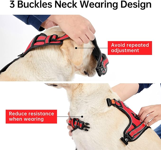 IVY&LANE No Pull Dog Harness for Large Dogs, Dog Vest Harness with Leash, Safety Belt and Storage Strap, Fully Adjustable Harness, 360° Reflective Strip, Soft Handle (Red, XL)