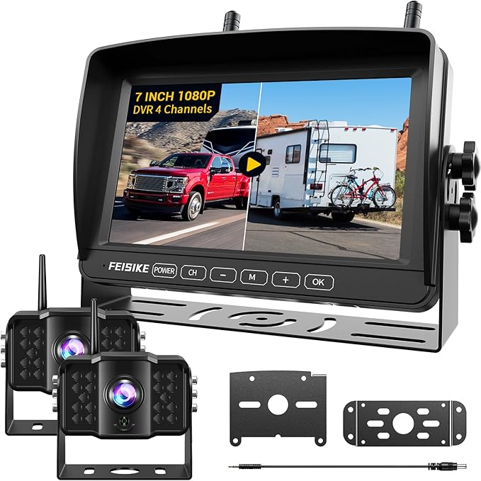 Dual RV Backup Camera Wireless with 7" 1080P Monitor, for Furrion Pre-Wired RVs, 4-Channel Split Screen System, Loop Recording, IR Night Vision, Wide Rear View Camera for Truck, Trailer, Camper
