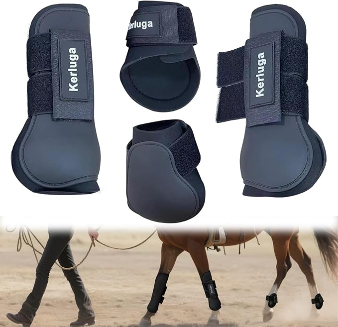 Horse Boots Set of 4 Open Front & Fetlock Tendon Boot for Horses Professional Sport Protection Impact-Absorbing Equine Leg Support Wraps for Jumping, Riding, Training (Black, Full)