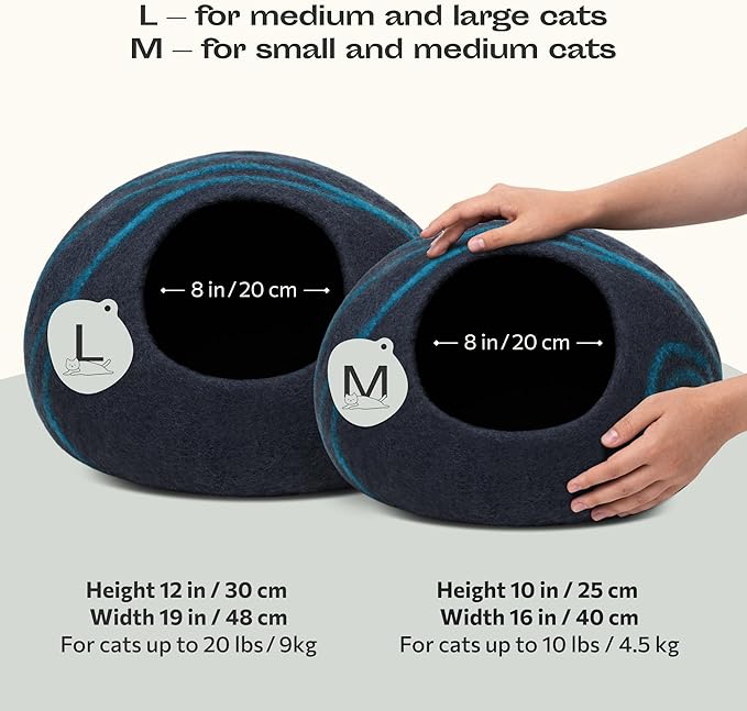 MEOWFIA Cat Cave – Premium Felt Cat Bed for Indoor Cats, Handmade 100% Merino Wool (Medium, Black Aqua)