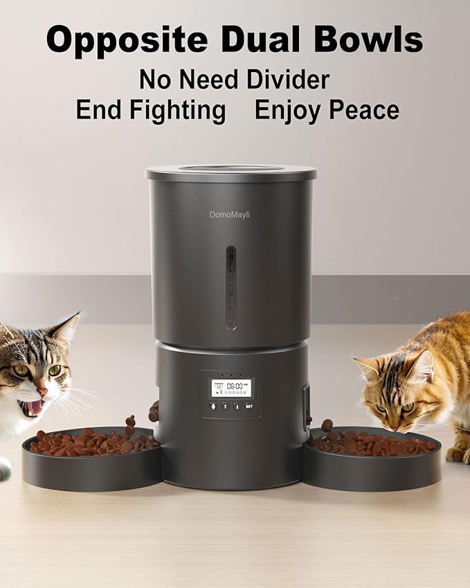 Automatic Dual Cats Feeder for 2 Cats,6 Meals/Day,12 Portions/Meal,Dual Power Auto Pet Feeder Dry Food Dispenser,Flexible Schedule Timer 10S Voice Record (Black, ABS Dual Bowls)