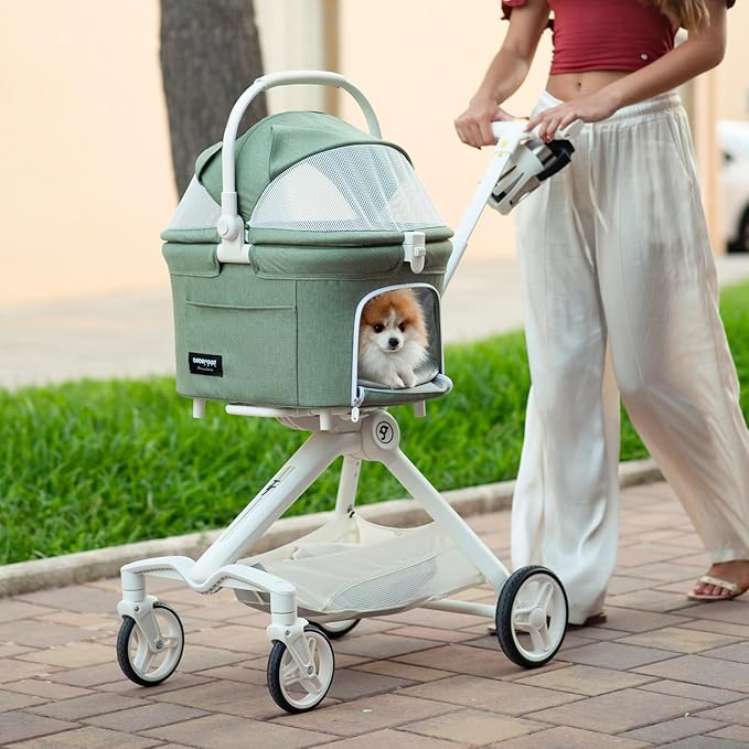 TT Lightweight Pet Stroller for Small Dog&Cat,One-Hand-Fold Pet Travel Stroller with Canopy and Cup Holder, 4-Way Convertible Carrier.Green