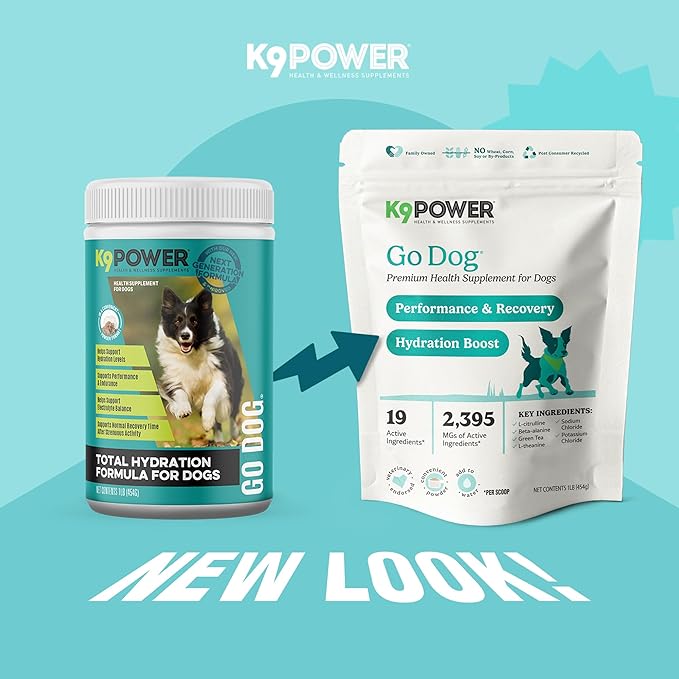 K9 Power Go Dog Hydration & Performance Drink Mix 1 lb - Active Dog Supplement for Muscle Function, Endurance, Recovery, with Electrolytes Support